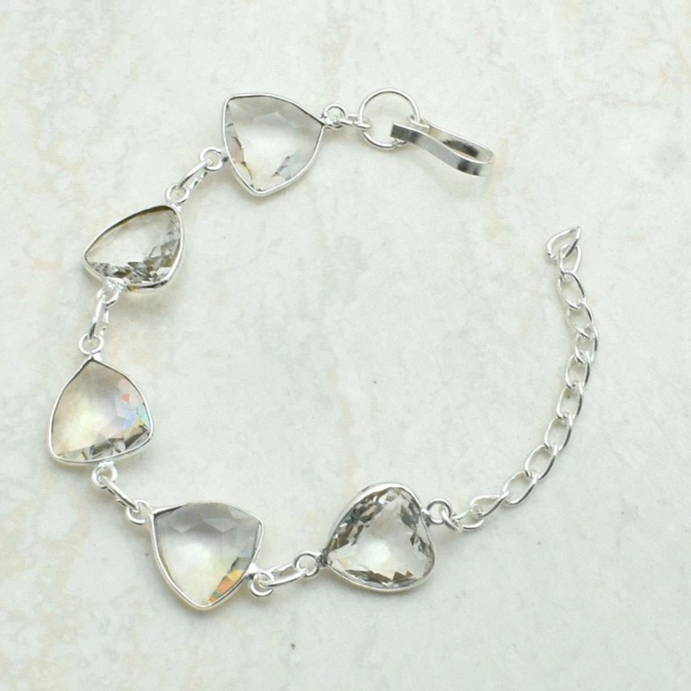 Stamped 925 Sterling Silver NATURAL White Topaz Heart Bracelet